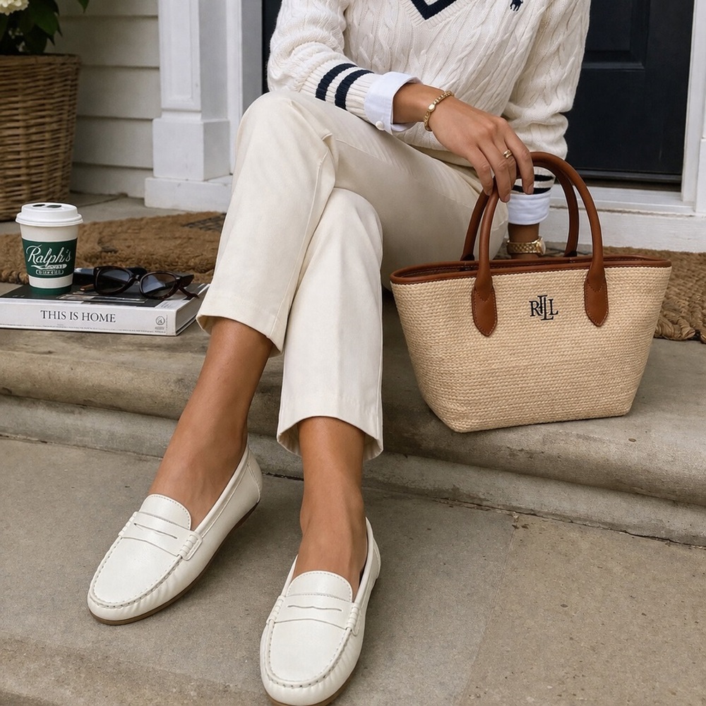 Ausland White Leather Driving Loafers Womens Size 40 Slip On Minimal Preppy